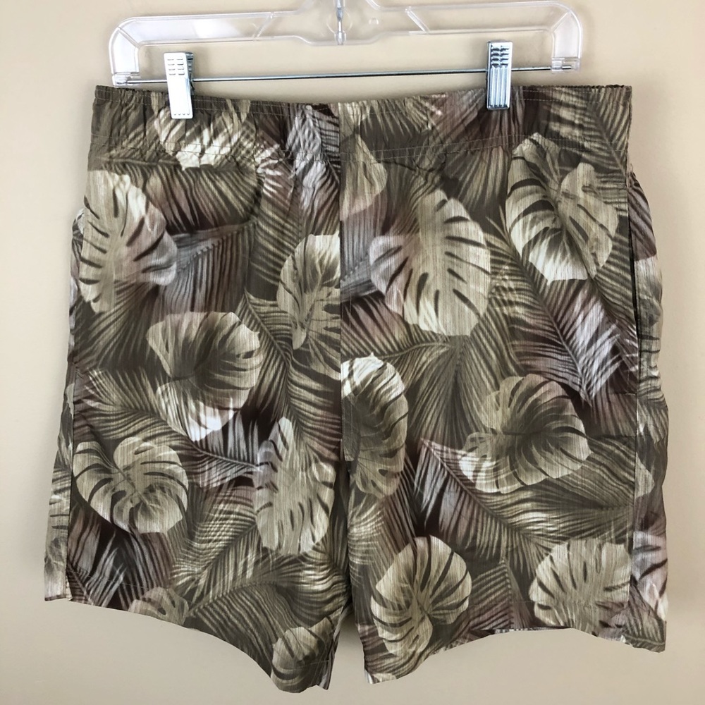 Laguna Originals Swim Trunks Mens L Palm Leaf Tan Green Elastic Waist Pockets